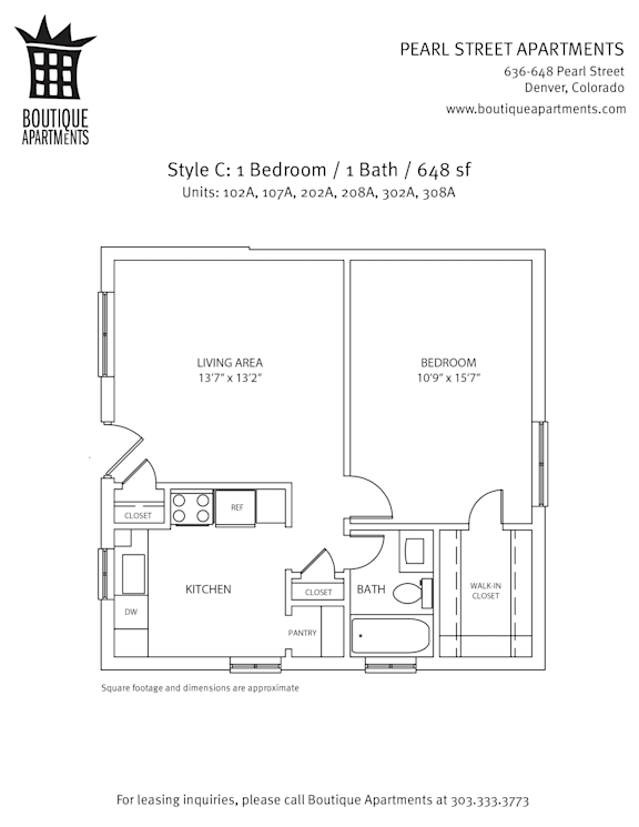 A floor plan for a 1 Bedroom/1 Bathroom apartment at Pearl Street Apartments.