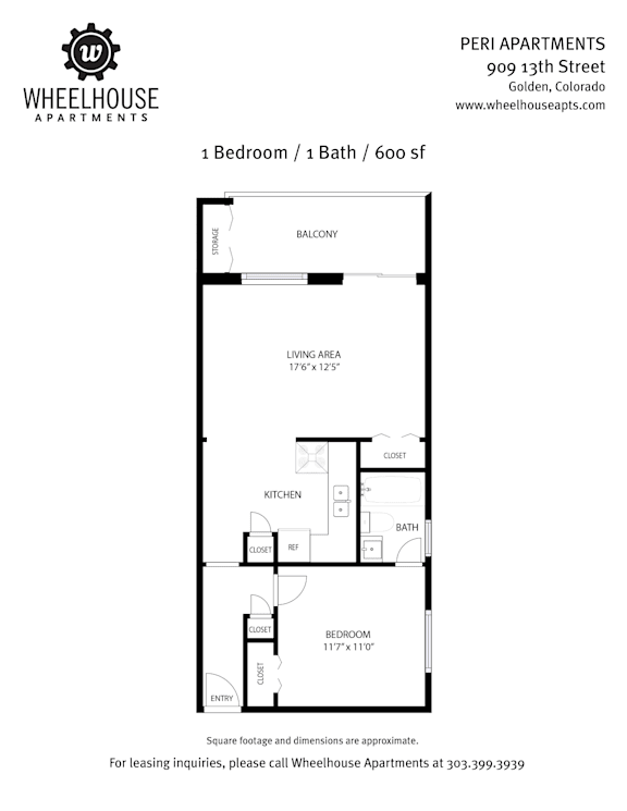 A floor plan for a 1 bedroom/bathroom apartment at Wheelhouse Apartments.