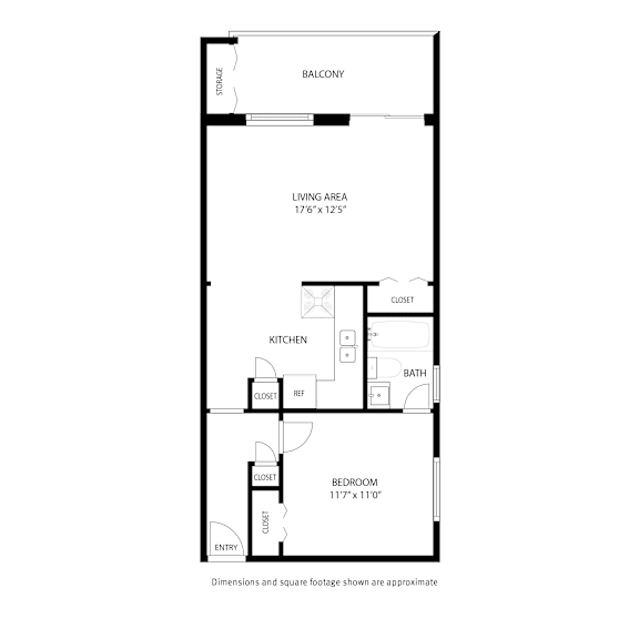A floor plan of a small apartment with a living area, kitchen, bathroom and bedroom.