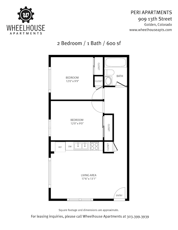 A floor plan for a 2 bedroom, 1 bath apartment at Wheelhouse Apartments.