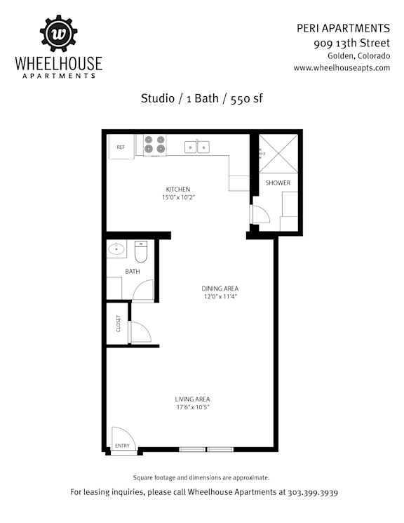 A floor plan for a studio apartment at Wheelhouse Apartments.