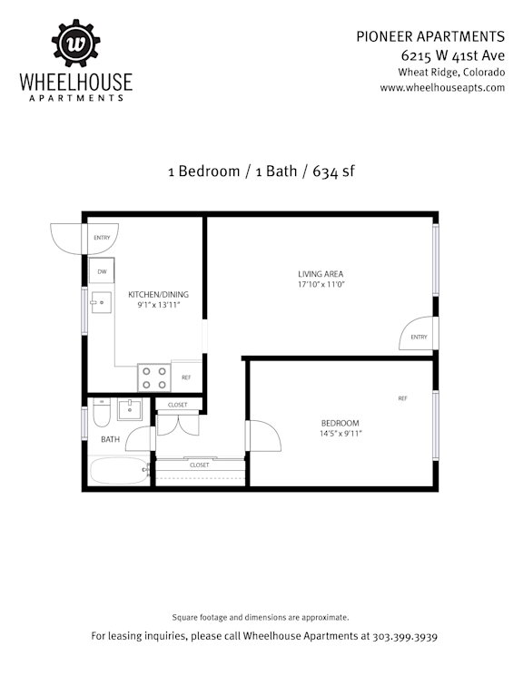 A black and white image of a floor plan for a 1 bedroom, 1 bath apartment.