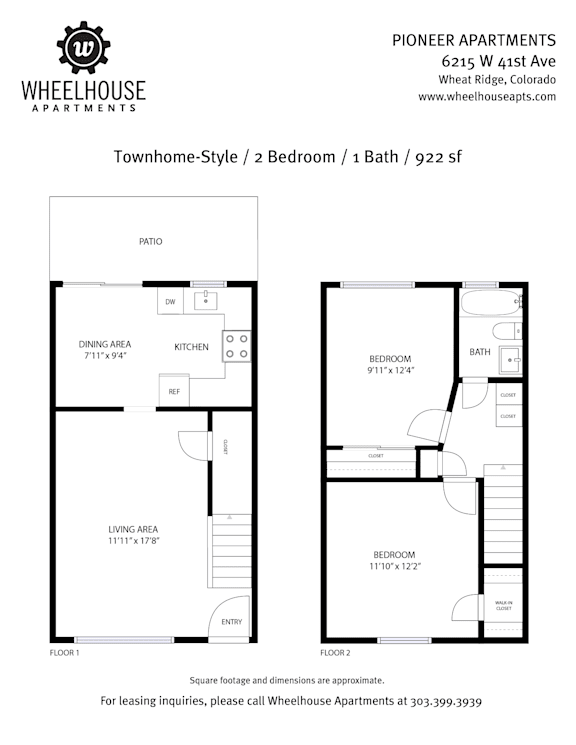 A floor plan for a 2 bedroom, 1 bath townhome.
