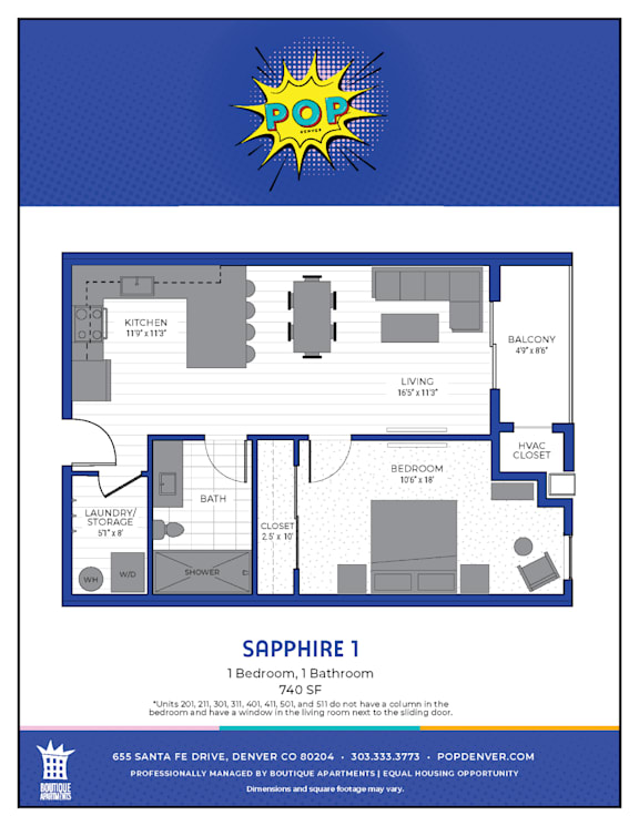 A blue and white floor plan for a one bedroom apartment.