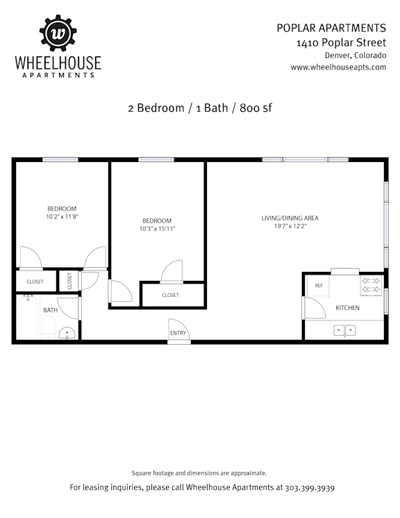A floor plan for a 2 Bedroom / 1 Bath / 800 sf apartment.