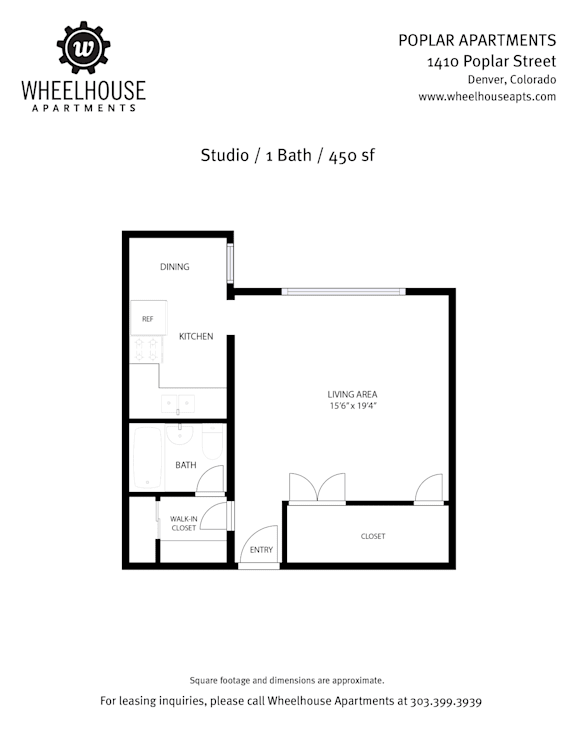 A black and white image of a floor plan for a 1 bath, 450 square foot studio apartment.