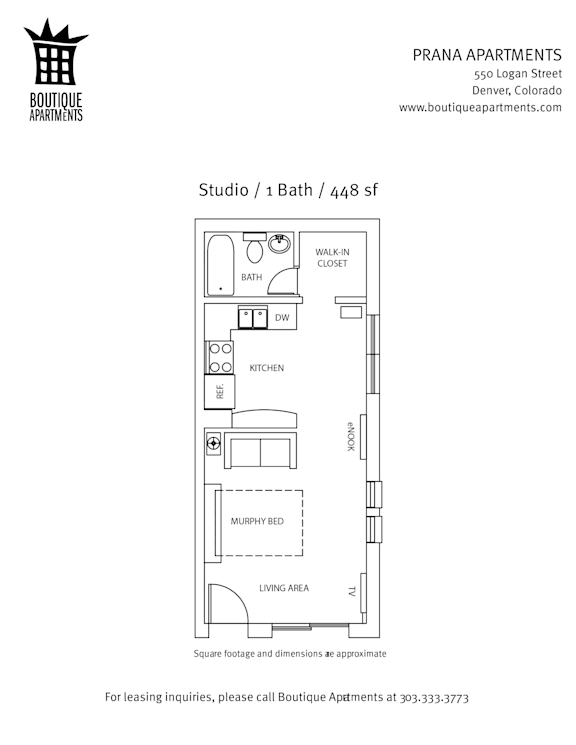 A floor plan for a 1 Bath / 448 sf studio apartment.