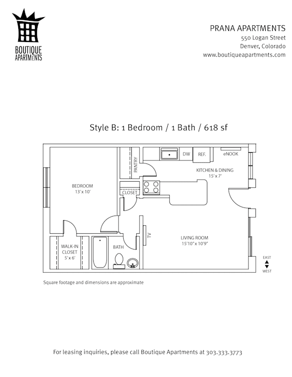 A floor plan for a 618 square foot apartment with one bedroom and one bath.