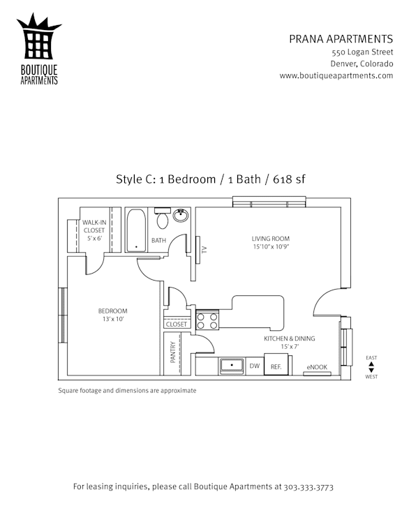 A floor plan for a 1 Bedroom/1 Bath apartment at Boutique Apartments.