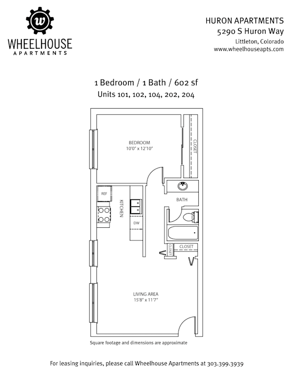 A floor plan for a 1 Bedroom/1 Bath/602 square feet apartment.