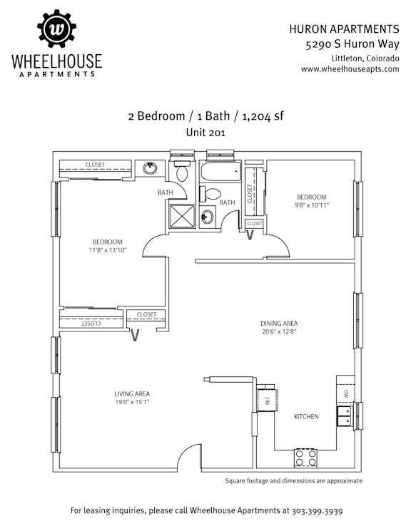 A floor plan for a 2 Bedroom / 1 Bath apartment.