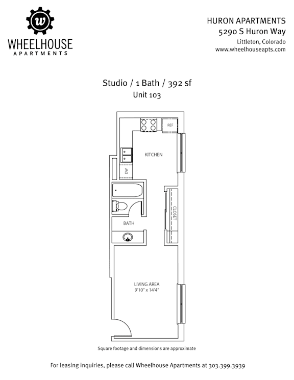 A floor plan for a 1 bath, 392 square foot unit.