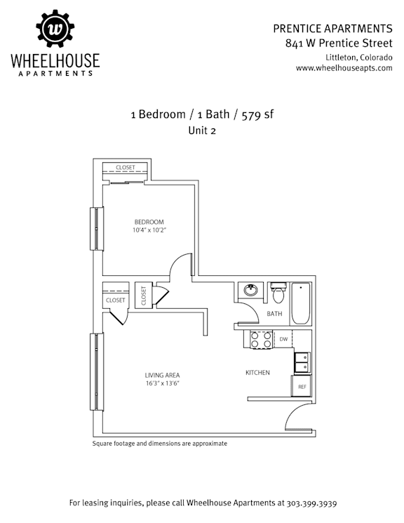 A floor plan for a 1 Bedroom/1 Bath apartment at Prentice Apartments.
