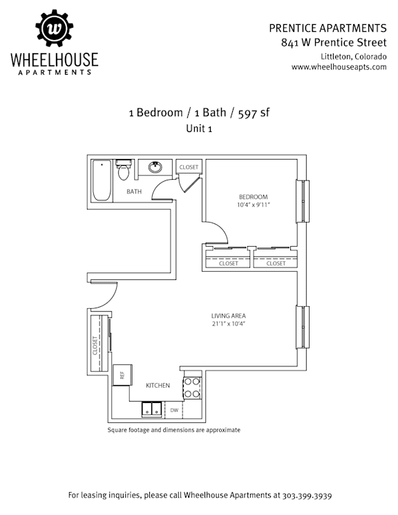 A floor plan for a 1 bedroom/1 bath apartment at Prentice Apartments.