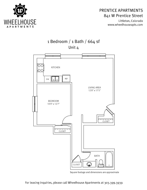 A floor plan for a 1 Bedroom/1 Bath apartment at Prentice Apartments.