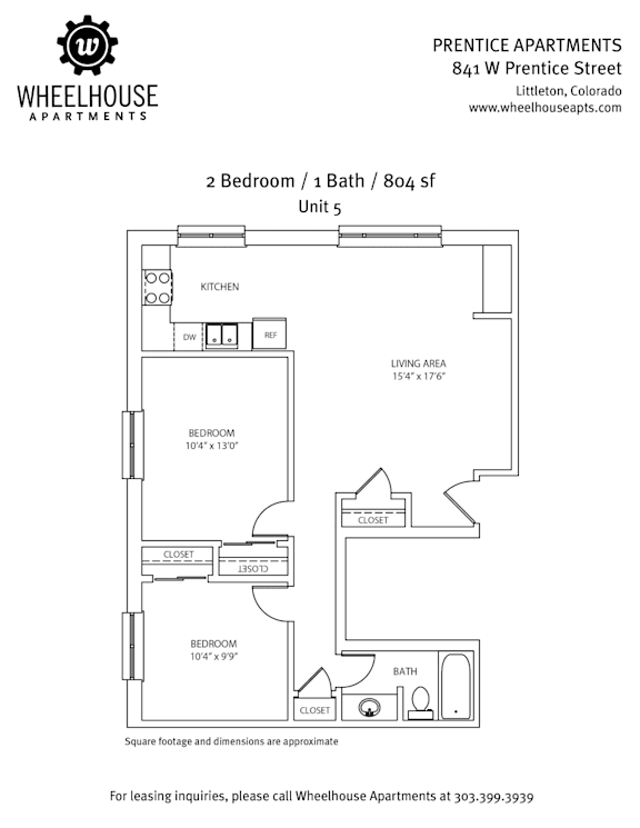 A floor plan for a 2 Bedroom / 1 Bath / 804 square foot apartment at Prentice Apartments.