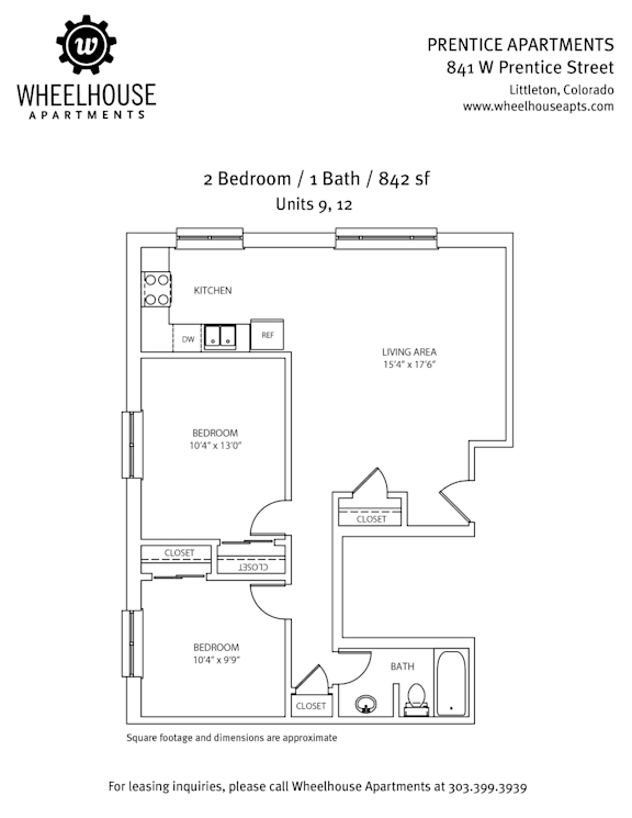 A floor plan for a 2 Bedroom / 1 Bath apartment at Prentice Apartments.