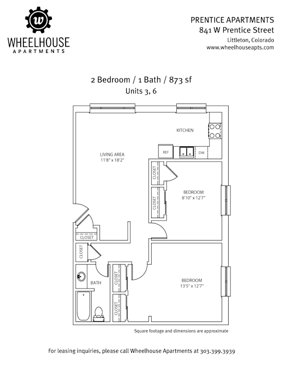 A floor plan for a 2 Bedroom / 1 Bath apartment at Prentice Apartments.