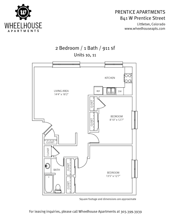 A floor plan for a 2 Bedroom / 1 Bath apartment at Prentice Apartments.