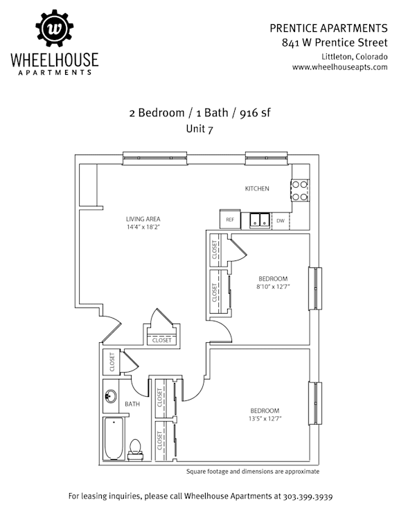 A floor plan for a 2 Bedroom / 1 Bath unit from Prentice Apartments.