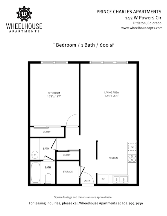 A floor plan for Prince Charles Apartments shows a bedroom, bath, living area, kitchen, and closet.