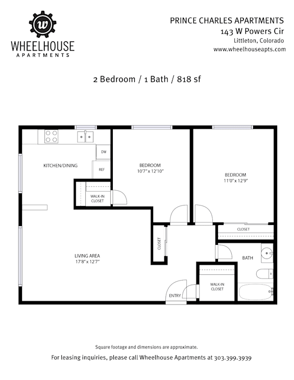 A floor plan for a 2 Bedroom / 1 Bath apartment at Prince Charles Apartments.