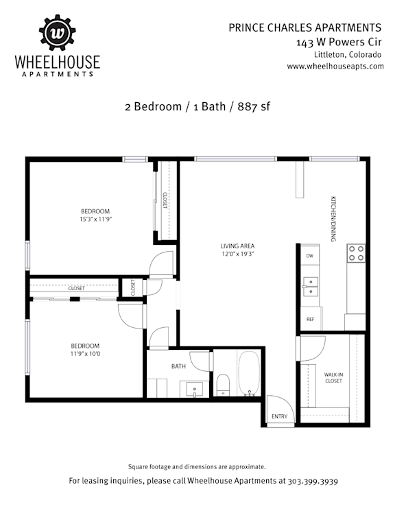 A floor plan for a 2 Bedroom / 1 Bath apartment at Prince Charles Apartments.