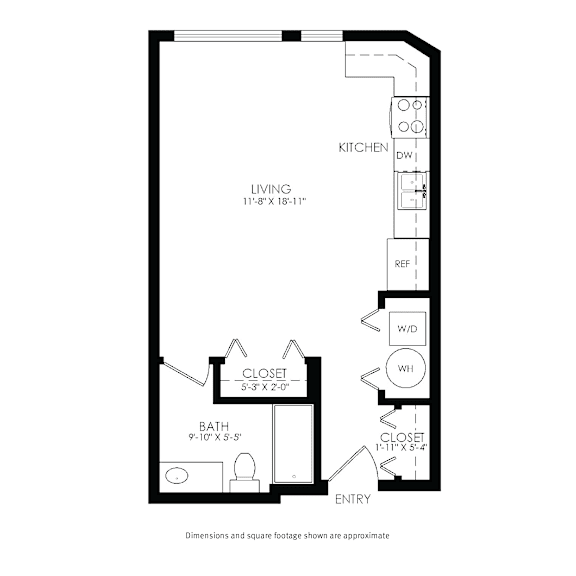 A floor plan of a small apartment with a living area, kitchen, bathroom, and two closets.