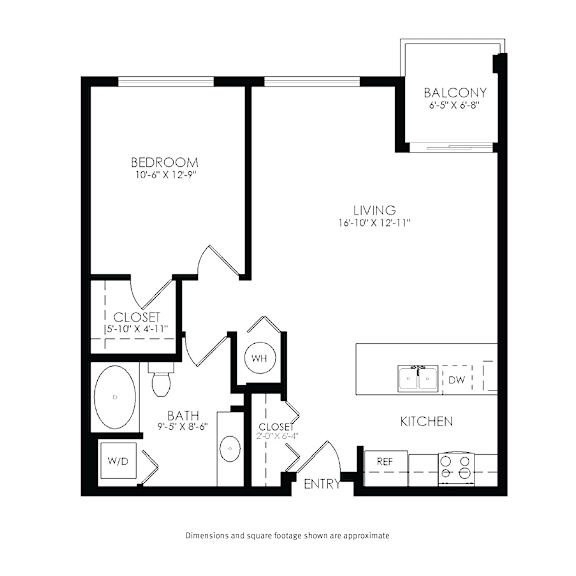 A black and white image of a floor plan for a small apartment.