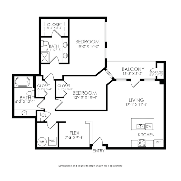 A black and white image of a floor plan for a house with a living room, kitchen, two bedrooms, two closets, and a balcony.