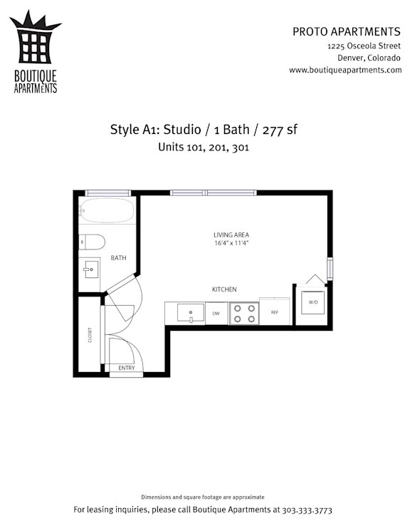 A drawing of a floor plan for a studio apartment with a bath and a kitchen.