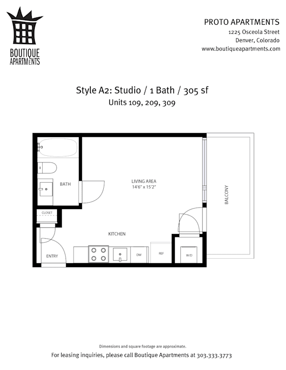 A drawing of a studio apartment layout with a bath and kitchen.