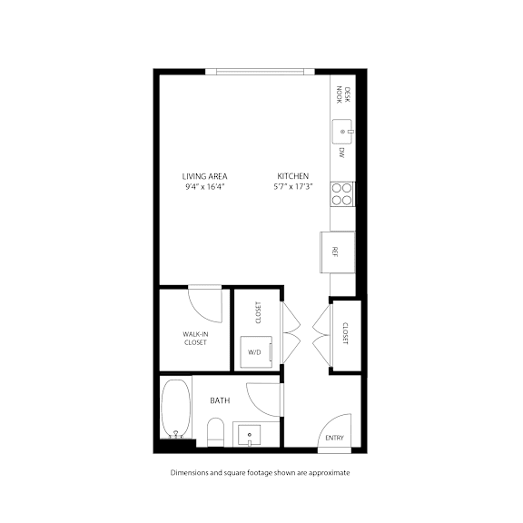 A floor plan of a small apartment with a living area, kitchen, bath, and closets at Railside at Wadsworth Station, Colorado, 80214