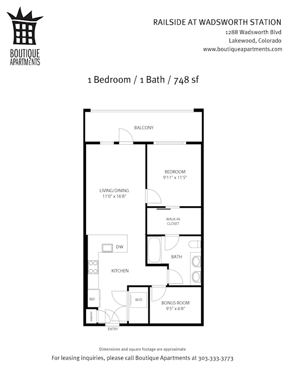 One Bedroom Floor Plan at Railside at Wadsworth Station, Lakewood, CO, 80214