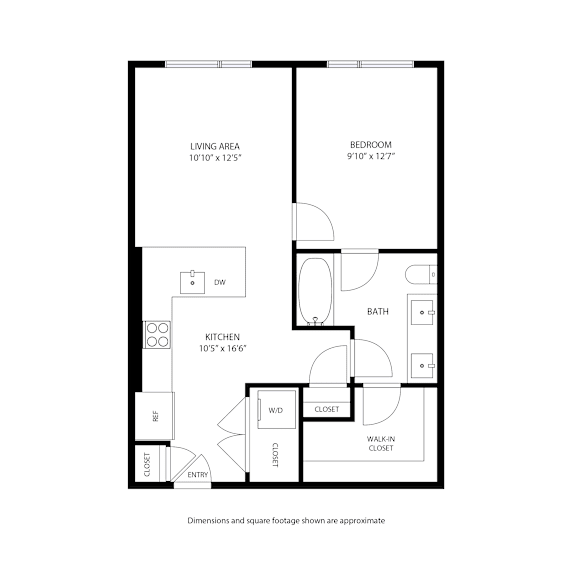 A black and white floor plan of a house with a living area, kitchen, bath, and bedroom at Railside at Wadsworth Station, Colorado, 80214