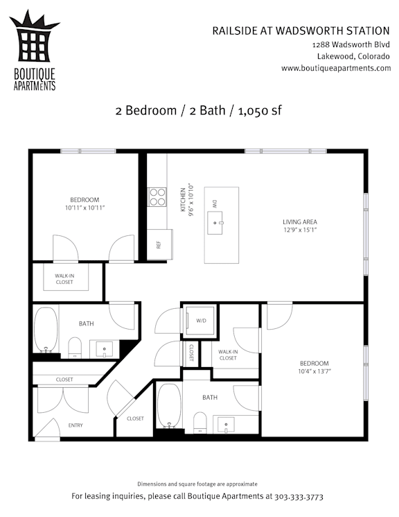A floor plan for a 2 bedroom, 2 bath apartment at Boutique Apartments.