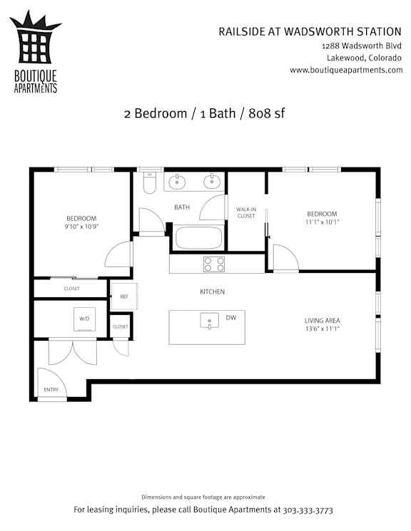 Two Bedroom Floor Plan at Railside at Wadsworth Station, Lakewood, 80214