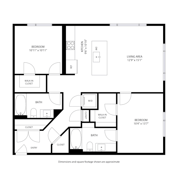 A black and white floor plan of a house with two bedrooms, two bathrooms, a living area, and a kitchen at Railside at Wadsworth Station, Colorado, 80214