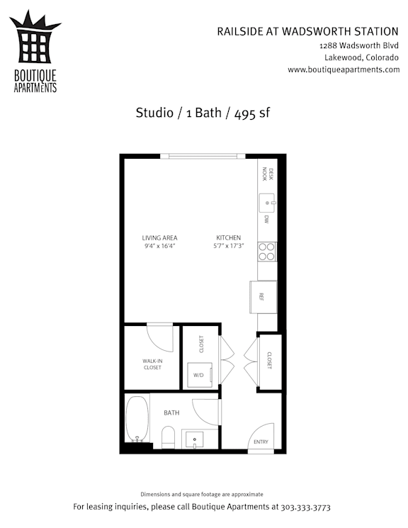 A floor plan for a 1 bathroom apartment at Boutique Apartments.