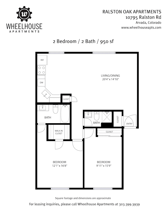 A floor plan for a 2 bedroom, 2 bath apartment at Ralston Oak Apartments.