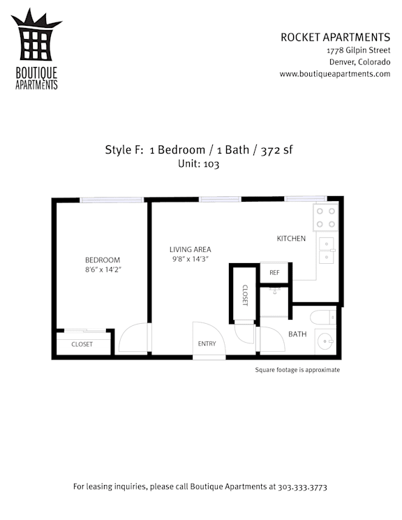 A black and white image of a floor plan for a one bedroom apartment.