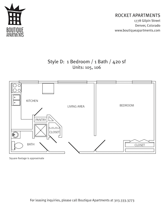 A drawing of an apartment layout for a 1 bedroom/bathroom apartment.