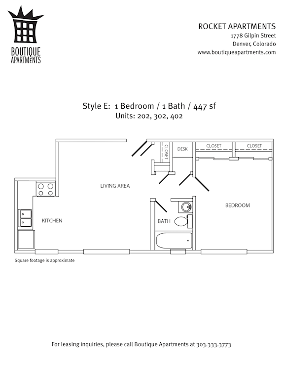 A floor plan for a 1 Bedroom/1 Bath apartment at Rocket Apartments.