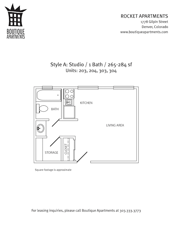 A drawing of a studio apartment layout with a kitchen, bathroom, living area, closet, and storage.