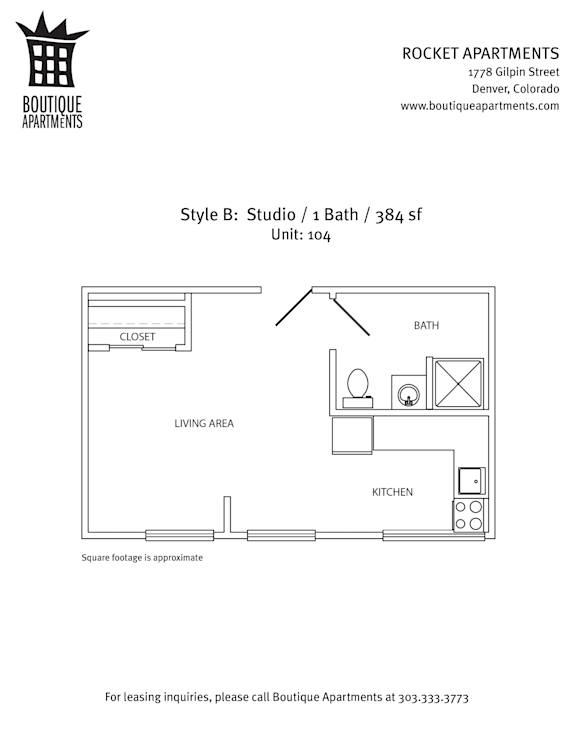 A drawing of a studio apartment layout with a kitchen, living area, and bathroom.