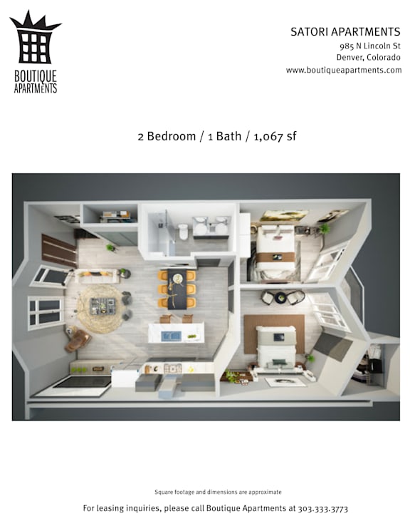 A floor plan of a 2 Bedroom / 1 Bath apartment at Satori Apartments.