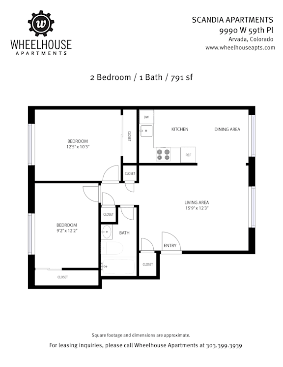 A floor plan for a 2 Bedroom / 1 Bath apartment at Scandia Apartments.