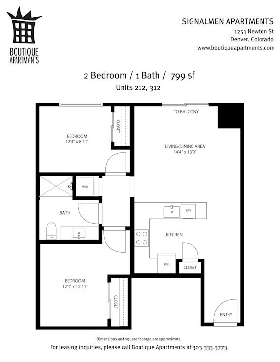 A floor plan for a 2 bedroom apartment with a bathroom, living/dining area, kitchen, and entry.
