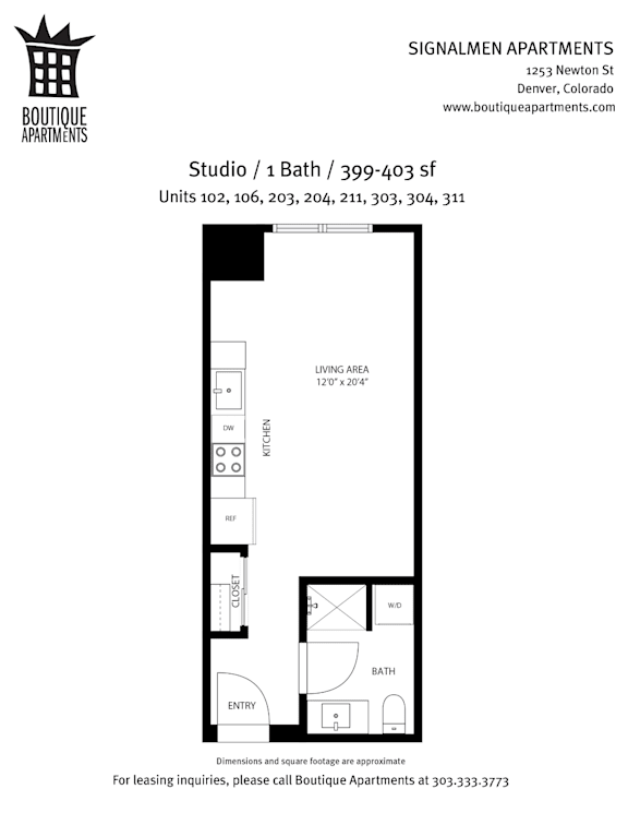 A floor plan for a studio apartment with one bath and a kitchen area.