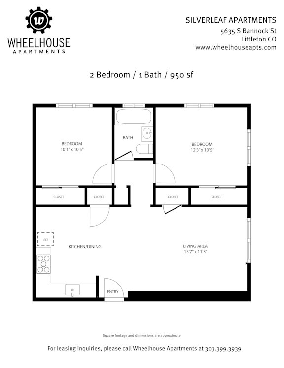 A floor plan for a 2 bedroom, 1 bath apartment at Silverleaf Apartments.